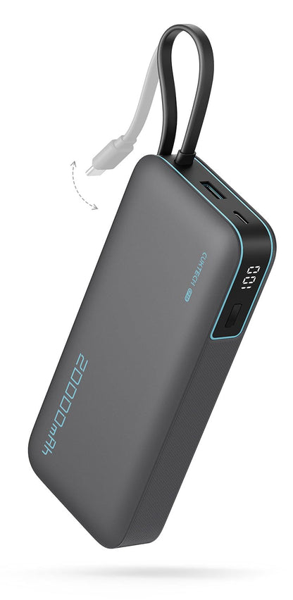 CUKTECH power bank with built-in USB C cable and LED display, 20000mAh capacity