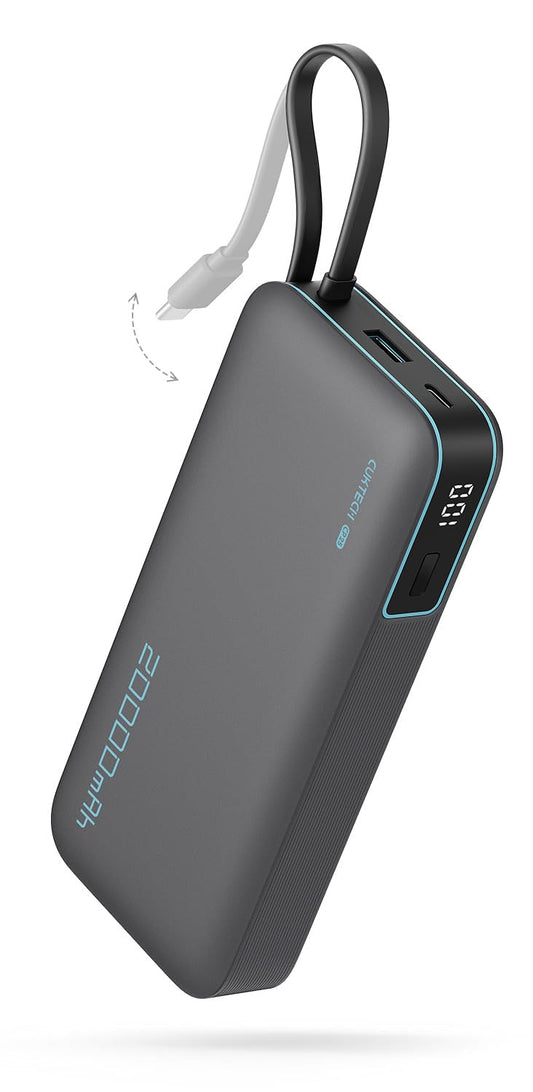CUKTECH power bank with built-in USB C cable and LED display, 20000mAh capacity