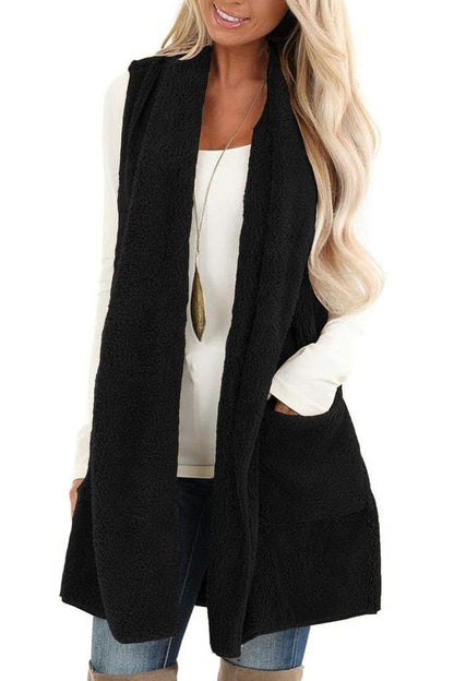 ReachMe coat — sleeveless sherpa vest with pockets and open front design