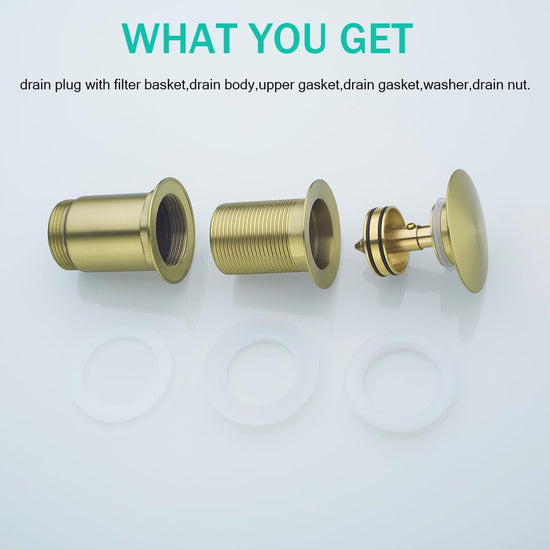 SEABEFORE All Metal Bathroom Sink Drain,Pop-up Drain with Detachable Basket Stopper,Anti-Clogging Drain Strainer,Hair Catcher,for Vanity Vessel Sink Without Overflow,Brushed Gold,SE83997PB-BG