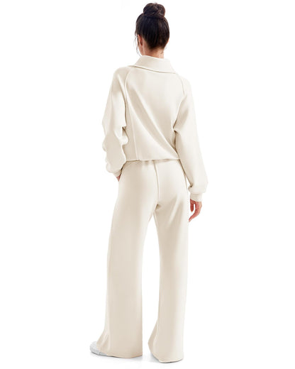 SUUKSESS coordinated outfit — matching lounge set with wide leg pants and half zip sweatshirt