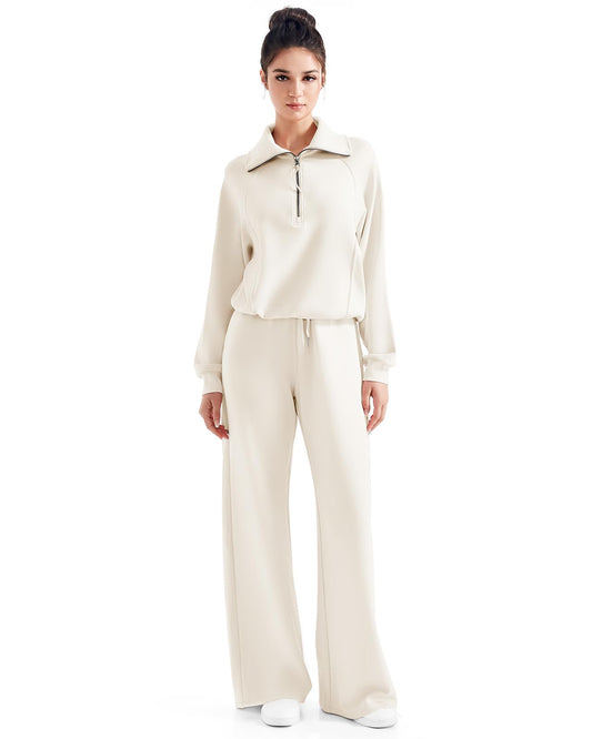 SUUKSESS coordinated outfit — matching lounge set with wide leg pants and half zip sweatshirt