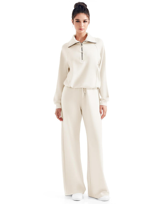 SUUKSESS coordinated outfit — matching lounge set with wide leg pants and half zip sweatshirt