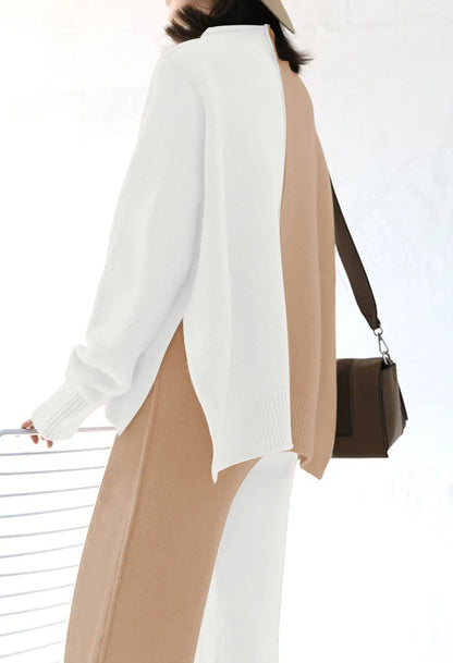 Linsery coordinated outfit - High neck knitted pullover and wide leg pants set