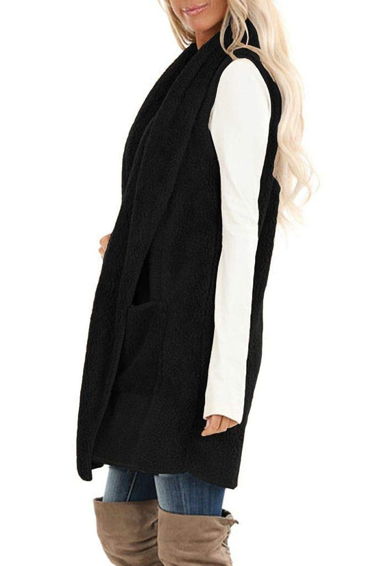 ReachMe coat — sleeveless sherpa vest with pockets and open front design