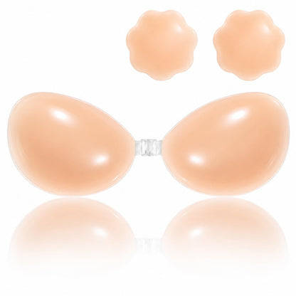 Cbthet Sticky Bra – Strapless & Backless Push Up Adhesive for Women, Invisible Silicone Bra with Nipple Covers (A Cups) Beige