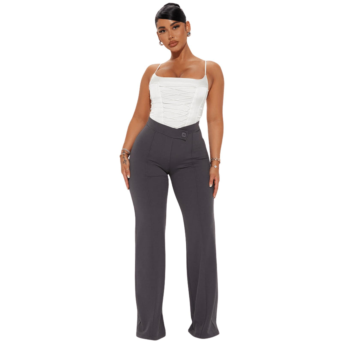 Charyeah Wide Leg Work Pants for Womens High Waisted Stretchy Pants Wrinkle Free Business Office Trousers Grey