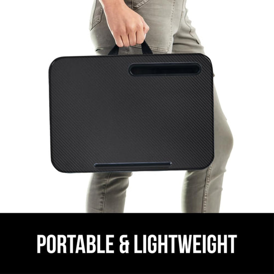 Gorilla Grip lap desk with phone holder and cushion for laptops up to 15.6 inches.