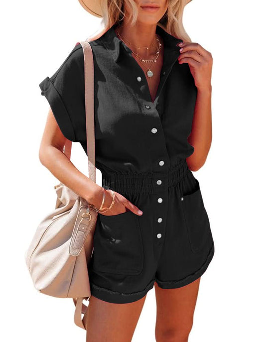 One-piece outfit — Short cuffed sleeve utility romper with pockets
