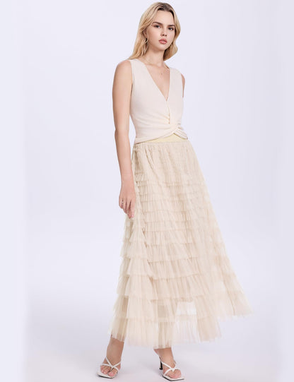 Flygo long maxi tulle skirt with ruffles and high waist