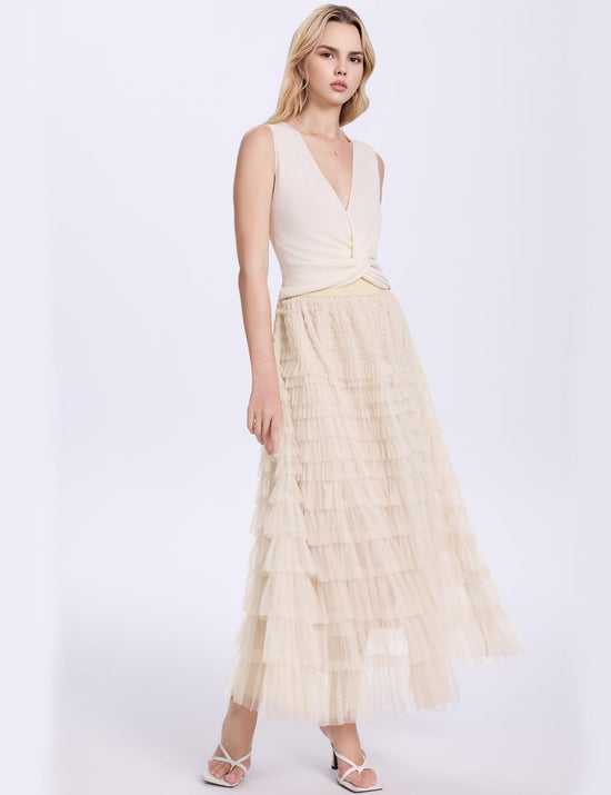 Flygo long maxi tulle skirt with ruffles and high waist