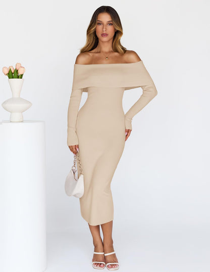 MEROKEETY women's winter off shoulder bodycon sweater dress in elegant style