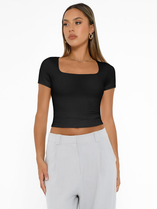 Shirt — Double lined short sleeve crop top for summer workouts and outings