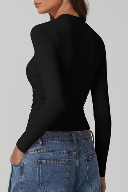 QINSEN long sleeve shirt — square neck with side ruching and double lining