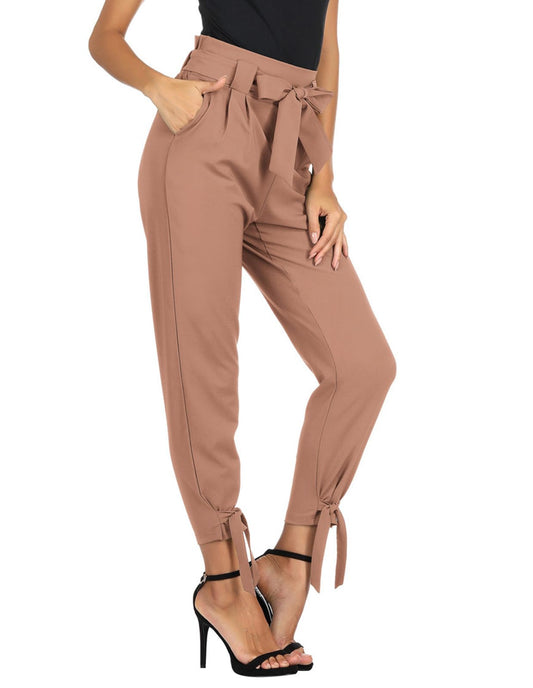 Grace Karin cropped paper bag pants with pockets and bow-knot detail