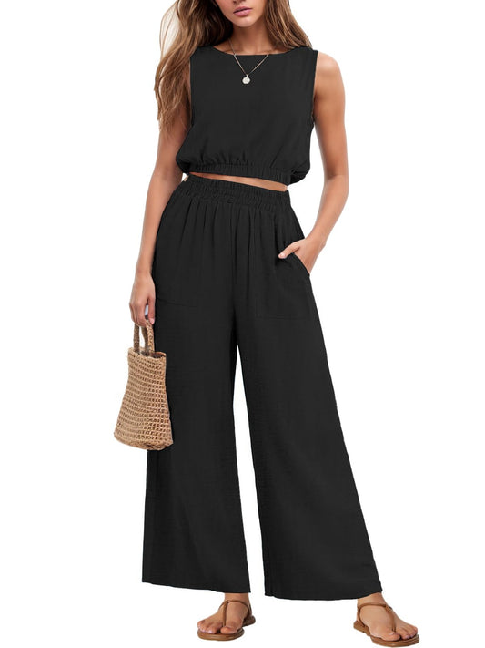 GRECERELLE coordinated outfit — sleeveless crop top and wide leg pants set