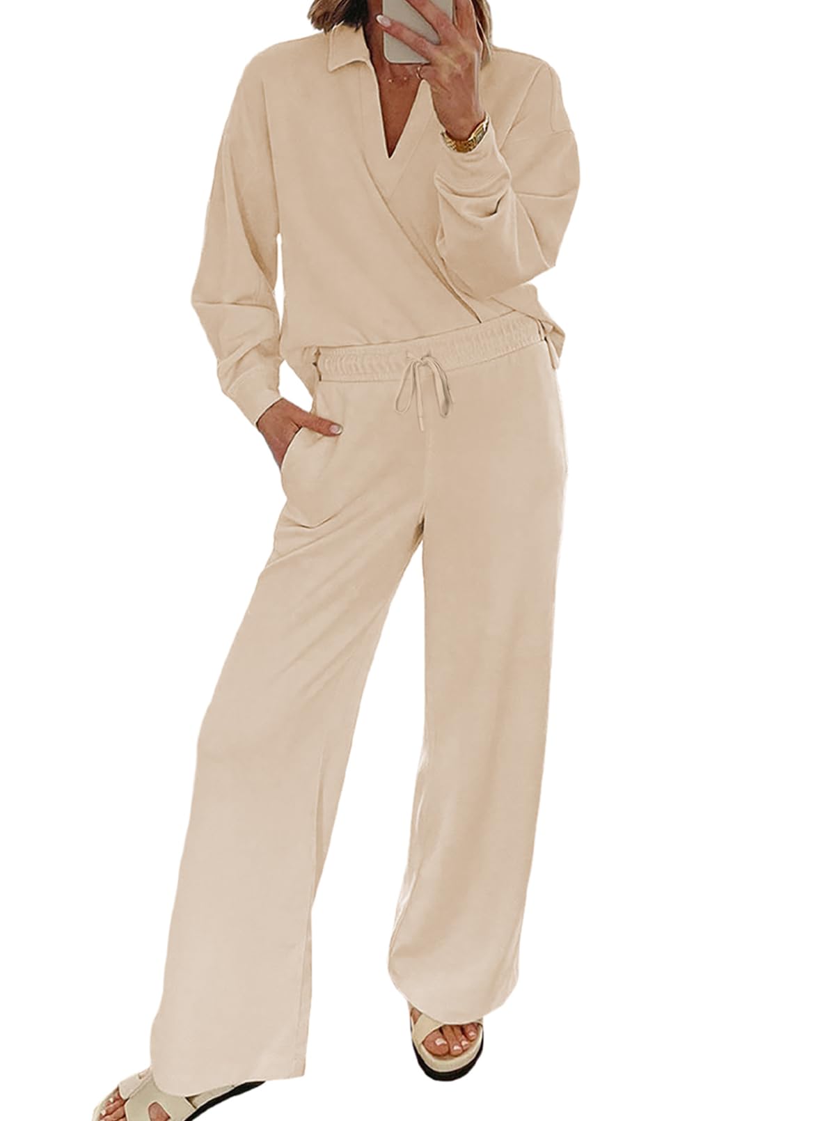 EVALESS coordinated outfit — V neck sweatshirt and wide leg sweatpants set for women