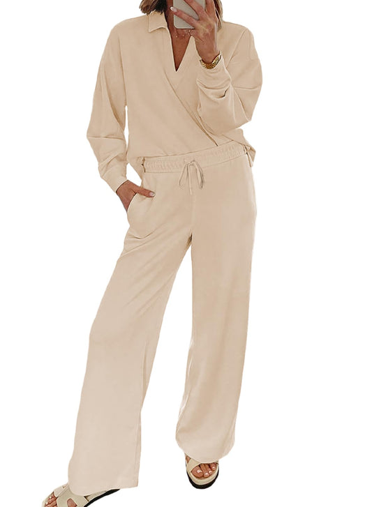 EVALESS coordinated outfit — V neck sweatshirt and wide leg sweatpants set for women