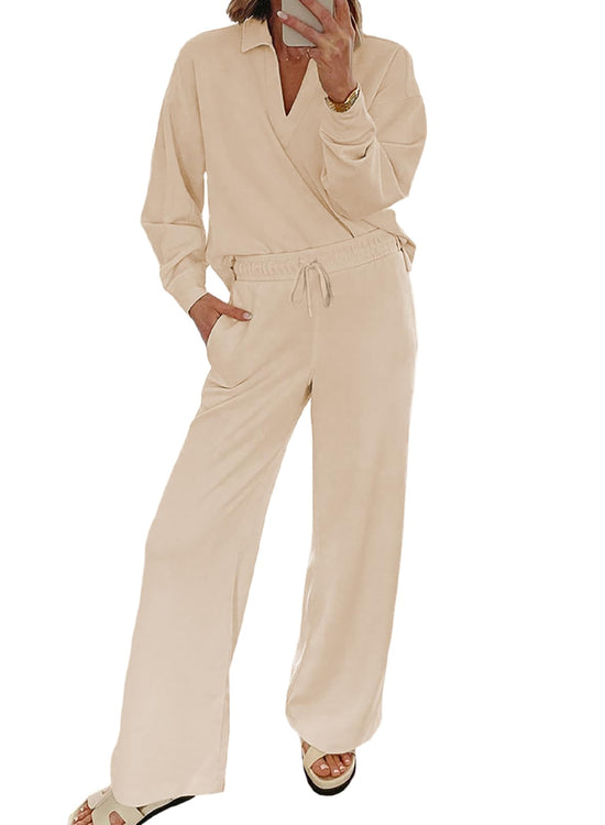 EVALESS coordinated outfit — V neck sweatshirt and wide leg sweatpants set for women
