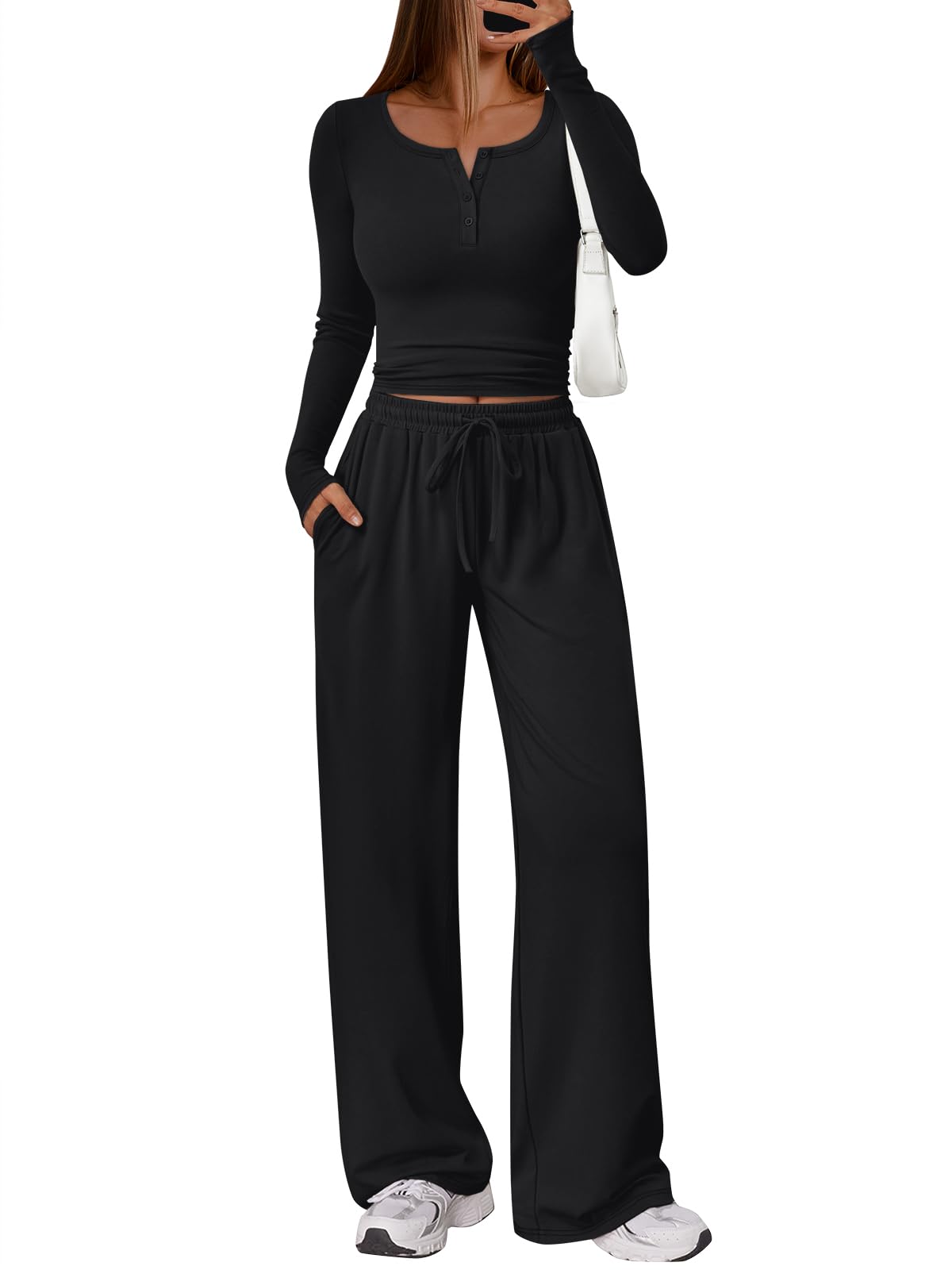 Coordinated outfit — Trendy Queen women's lounge set with henley neck top and wide leg pants