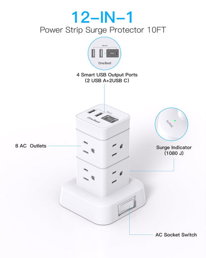 Surge protector power strip tower - 12 outlets with 4 USB ports and 6ft cord
