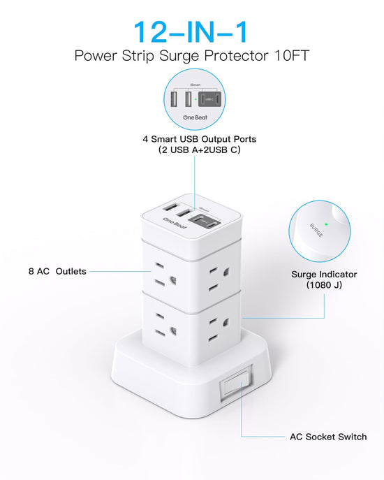 Surge protector power strip tower - 12 outlets with 4 USB ports and 6ft cord