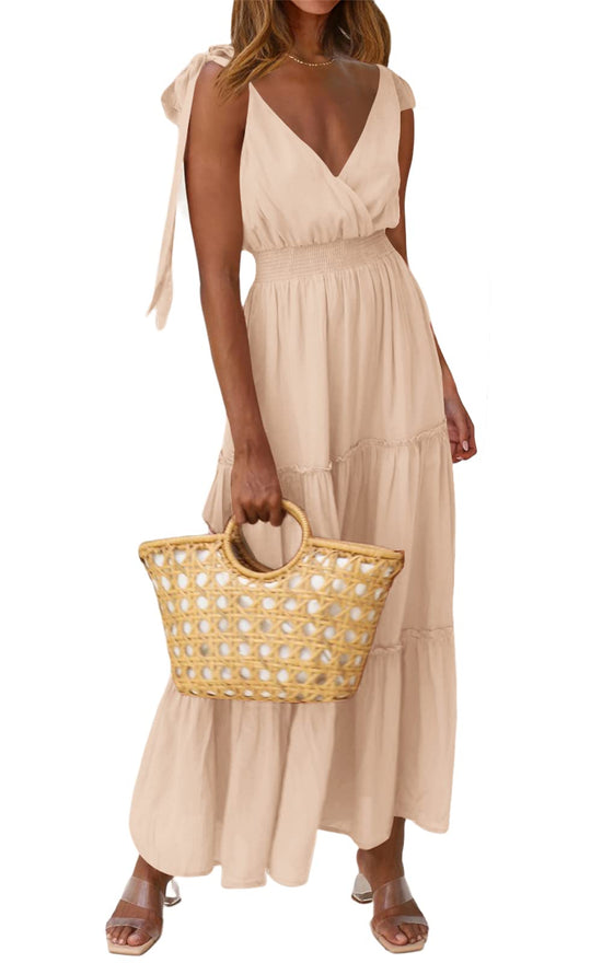 Dress — Cross neck sleeveless maxi dress with tie straps and smocked bodice