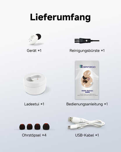 Britzgo 1607 Persönlicher Soundverstärker mit intelligenter Geräuschunterdrückung, mit tragbarem Ladecase, ergonomischem L-förmigem Design, ultraleichtem recyceltem Kunststoff
