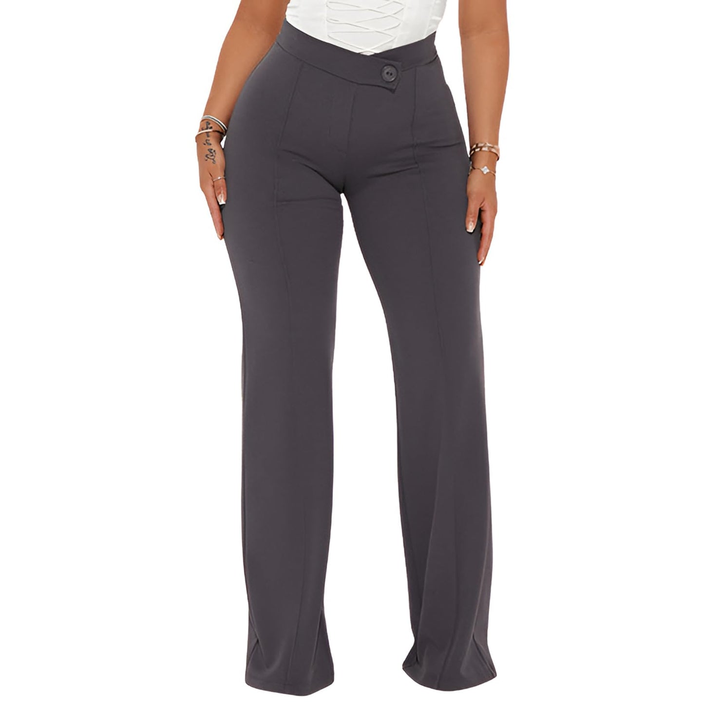 Charyeah Wide Leg Work Pants for Womens High Waisted Stretchy Pants Wrinkle Free Business Office Trousers Grey