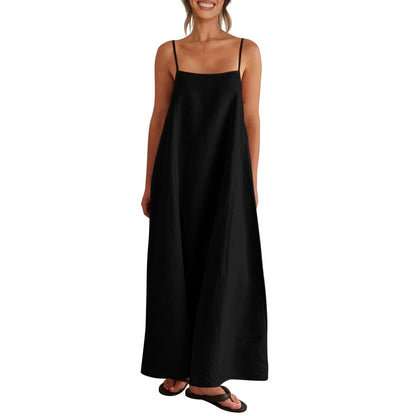 Senllen women's linen dress — loose flowy sundress with spaghetti straps and backless design