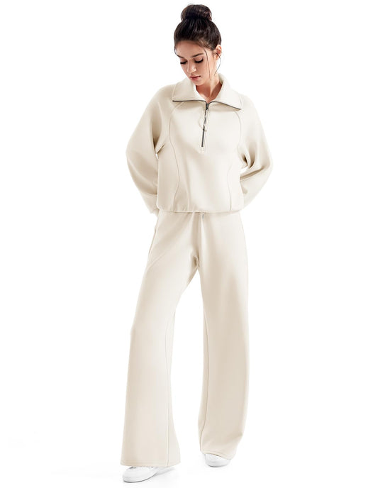 SUUKSESS coordinated outfit — matching lounge set with wide leg pants and half zip sweatshirt