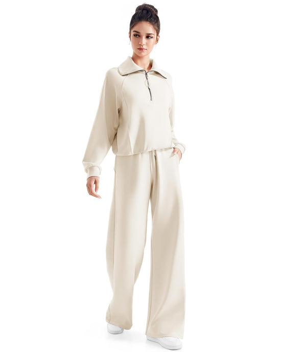 SUUKSESS coordinated outfit — matching lounge set with wide leg pants and half zip sweatshirt