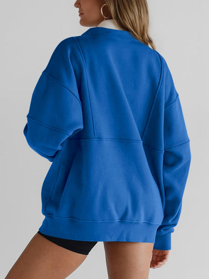 Women's sweatshirt - Oversized fleece half zip with stand collar and pockets