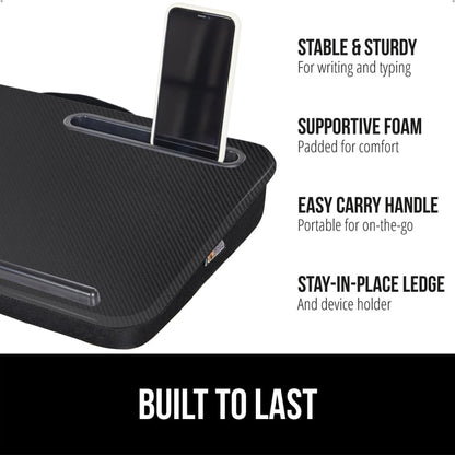 Gorilla Grip lap desk with phone holder and cushion for laptops up to 15.6 inches.