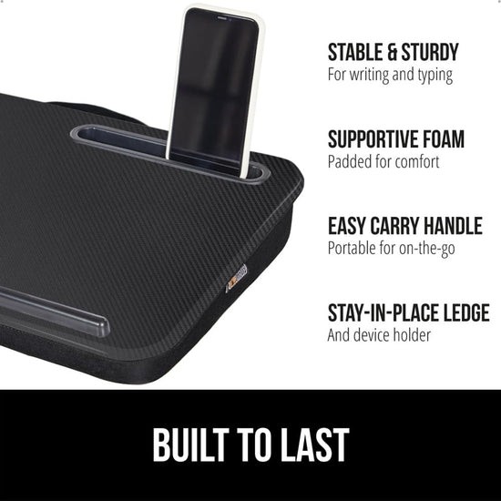 Gorilla Grip lap desk with phone holder and cushion for laptops up to 15.6 inches.