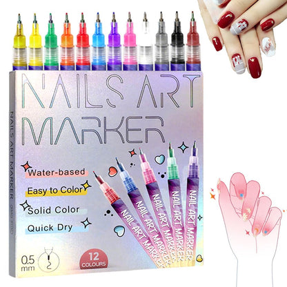 Cosmetic nail set — 12 colors nail art pens for gel nails and dotting tools