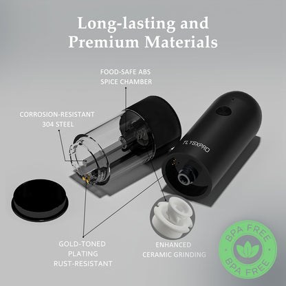 Electric salt and pepper grinder set — electric operation and adjustable coarseness