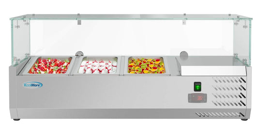 KoolMore refrigerated countertop condiment prep rail with stainless steel cover