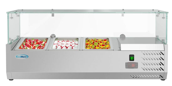 KoolMore refrigerated countertop condiment prep rail with stainless steel cover