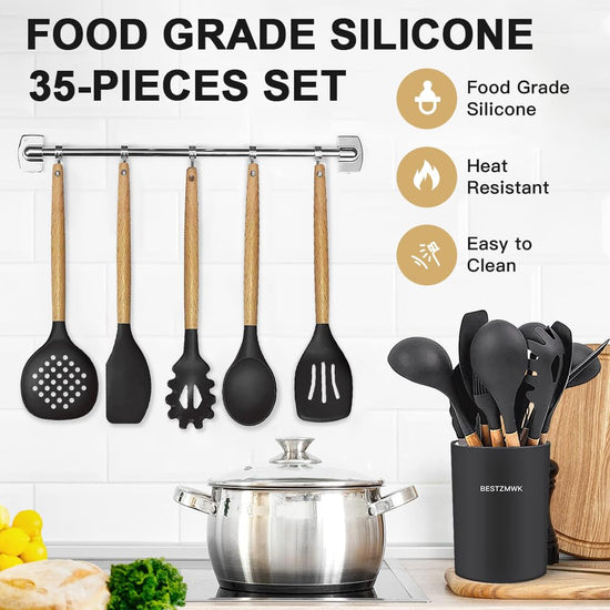 Food spatula — Heat resistant silicone with wooden handles set of 35 pieces.