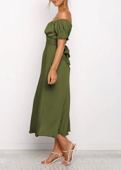 KIRUNDO women's satin wedding guest midi dress with off the shoulder design