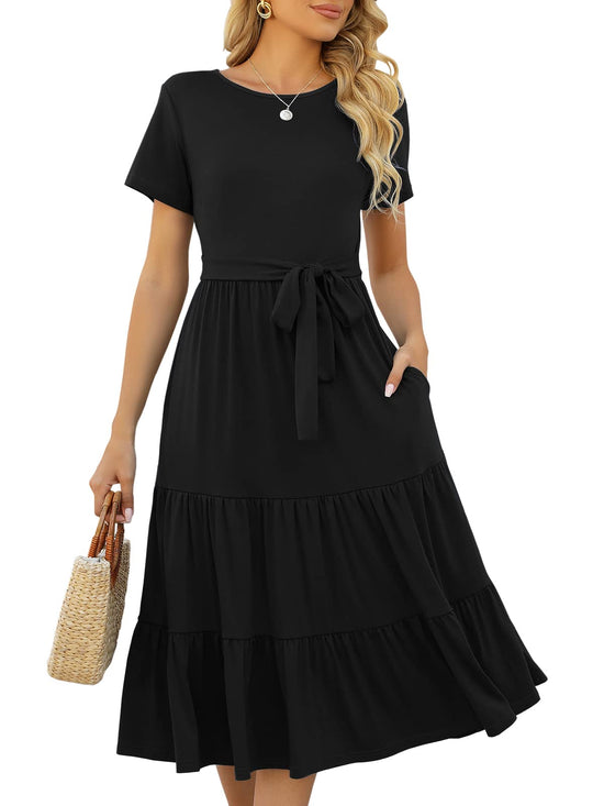 Lyrur dress — Casual summer tiered midi with pockets and belt