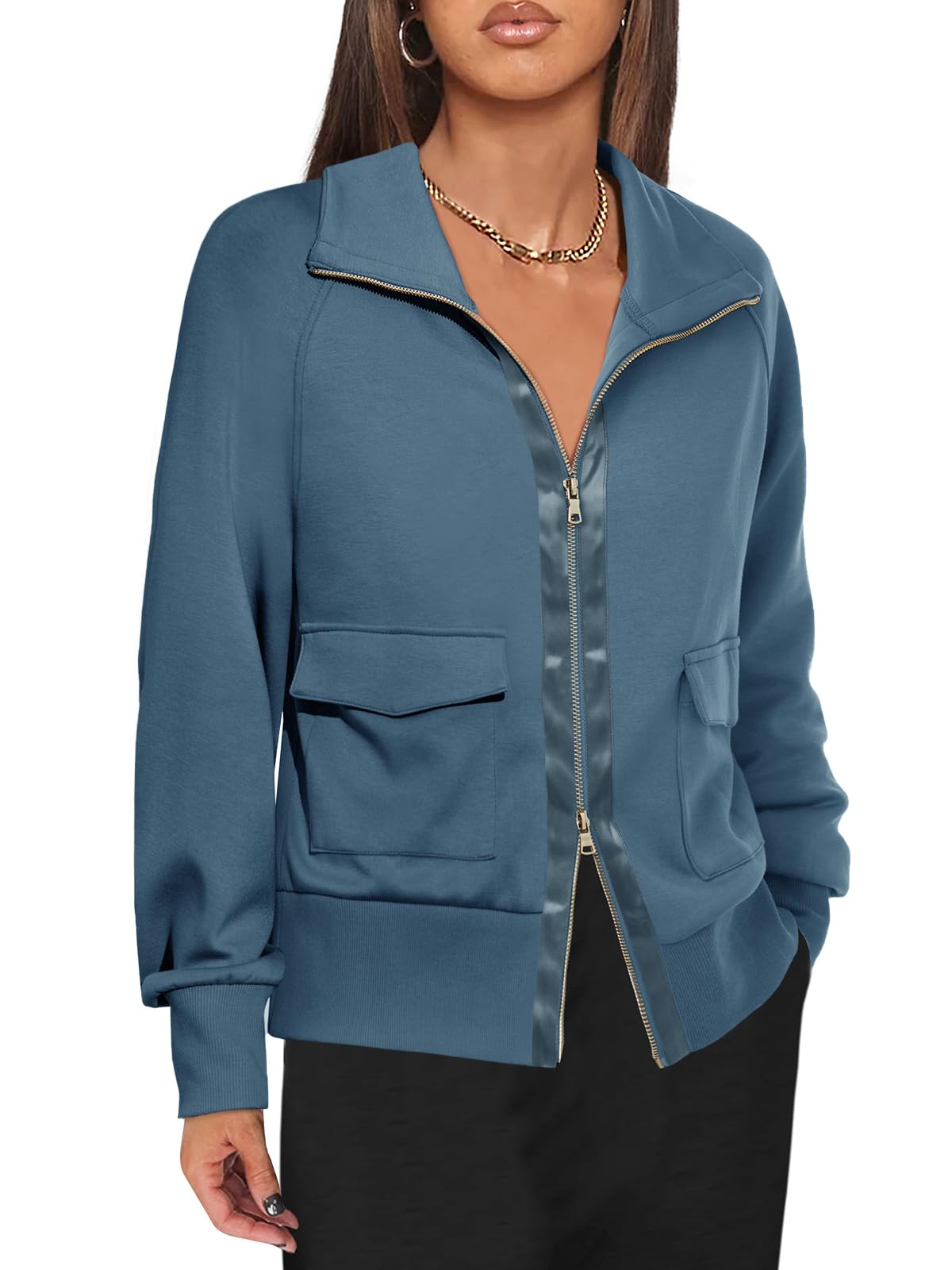 Fisoew women's coat - Zip up collared neck lightweight jacket with pockets