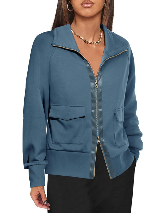 Fisoew women's coat - Zip up collared neck lightweight jacket with pockets