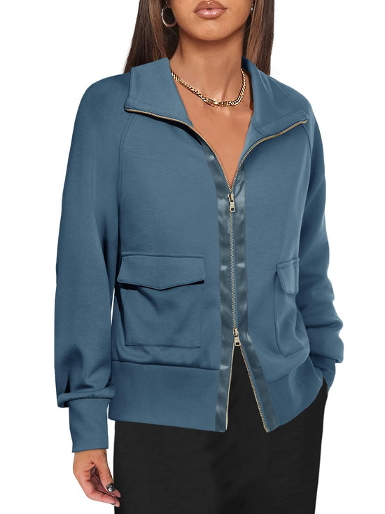 Fisoew women's coat - Zip up collared neck lightweight jacket with pockets