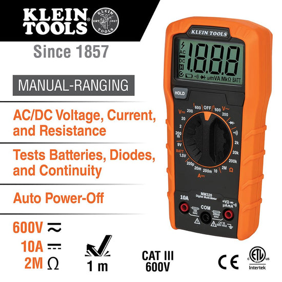 Electric circuit testing device — Klein Tools MM320KIT multimeter test kit with case and batteries