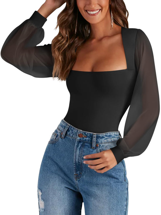 PINKMSTYLE women's square neck mesh bodysuit with long sleeves and slim fit