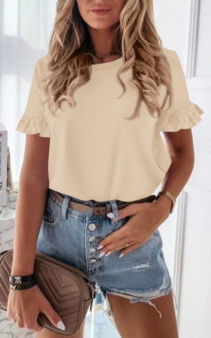 PRETTYGARDEN shirt — short sleeve ruffle round neck loose fit tee blouse tops
