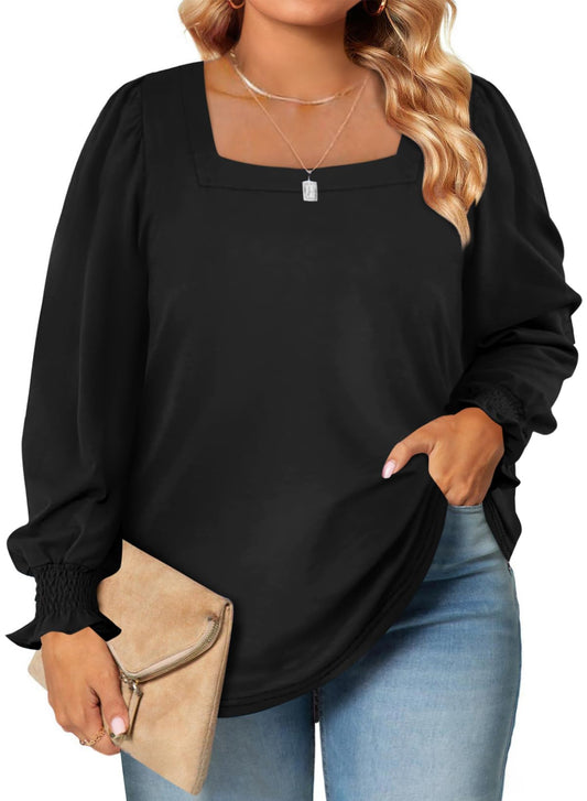 Eytino women's plus size fall tops - square neck puff long sleeve tee shirt 1X-5X