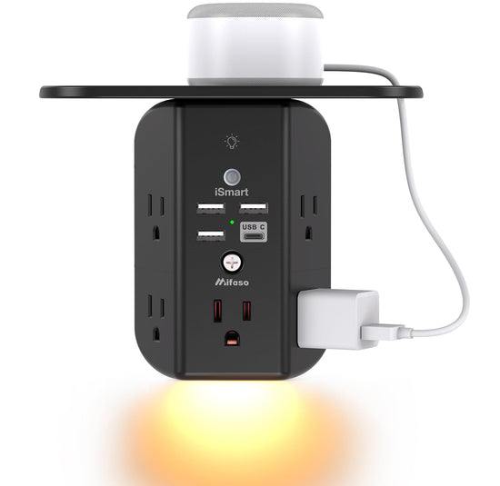 Power strip — Wall outlet extender with shelf and night light, USB charging ports
